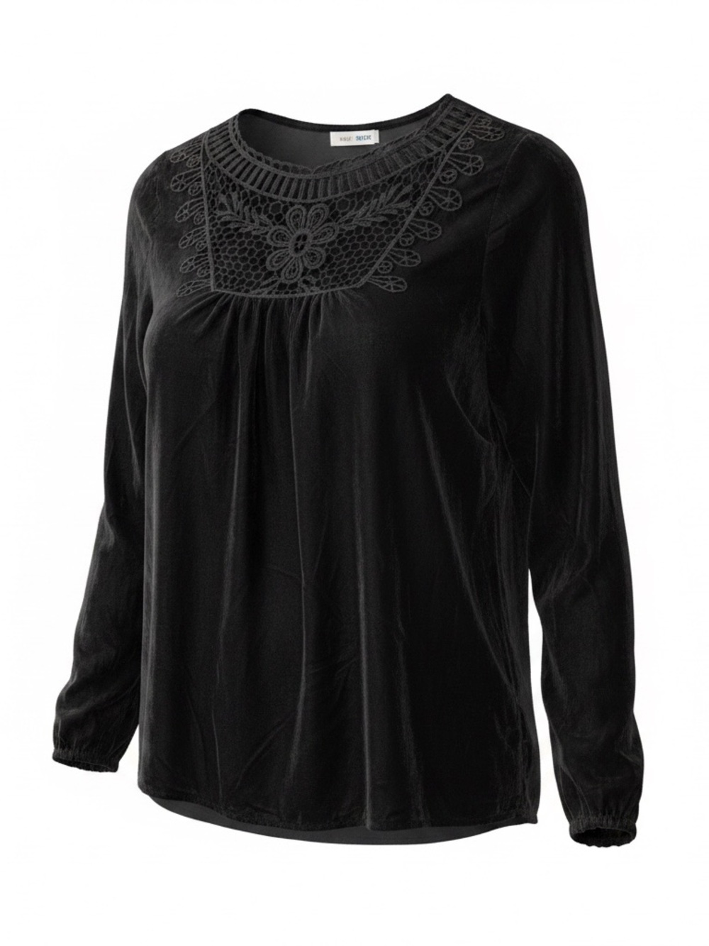 Women's Black Embroidered Neck Long-Sleeve Top